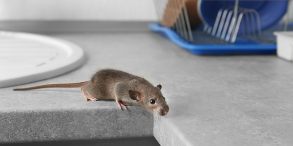 house mouse on kitchen counter near sink and dishes